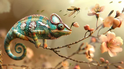 Fotobehang A colorful chameleon is on a branch of a tree in a forest with pink flowers. © Galib