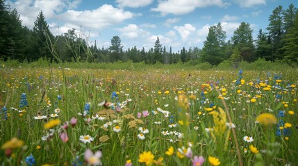 A field of wildflowers under a blue sky with white clouds.