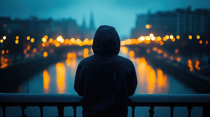photo of back of sad teenager in hoodie standing on bridge over river in city at night, street lights, negative emotions, lonely man, boy, person, people, world suicide prevention day, depression