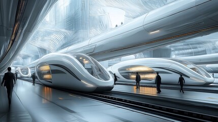 Fototapeta premium Futuristic Train Station with Commuters
