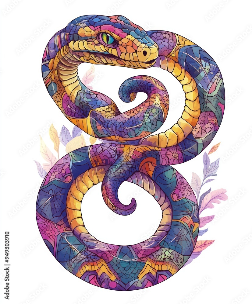 Canvas Prints A vibrant, intricately designed snake with colorful patterns and floral elements.