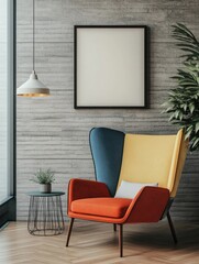 Fototapeta premium Mid-century modern living room with colorful armchairs, blank picture frames and warm natural light.