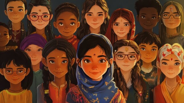 Multicultural group portrait featuring diverse happy young children facing viewer