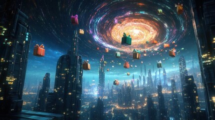 A vibrant cosmic scene with floating gifts in a futuristic city, swirling galaxies above and ethereal lights illuminating the skyline.