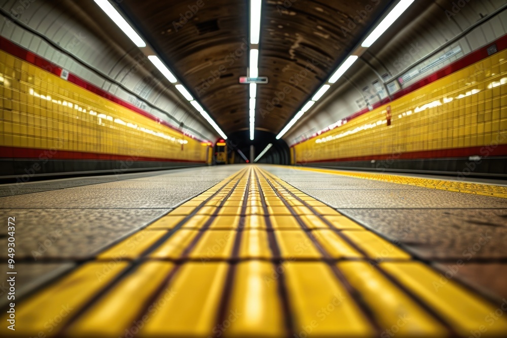 Poster yellow and red platform at a subway station