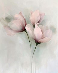 Delicate pink flowers with soft green stems on a dreamy, light gray background.