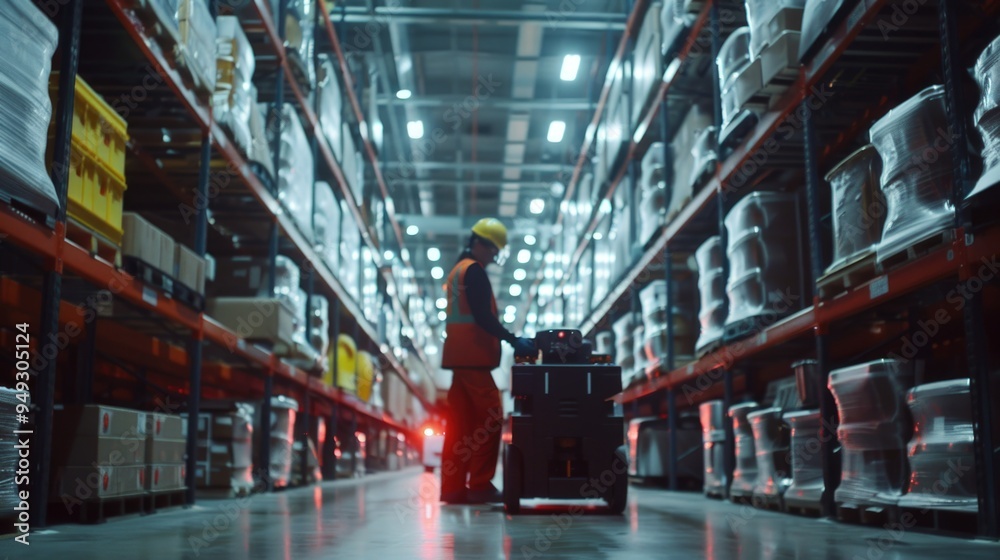 Poster a person using a forklift in a storage facility, possible logistics or inventory management scenario
