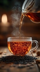 Fototapeta premium A close-up of hot tea being poured into a clear glass cup, creating steam and bubbles. The tea is being poured from a glass teapot, and the cup sits atop a pile of loose leaf tea.