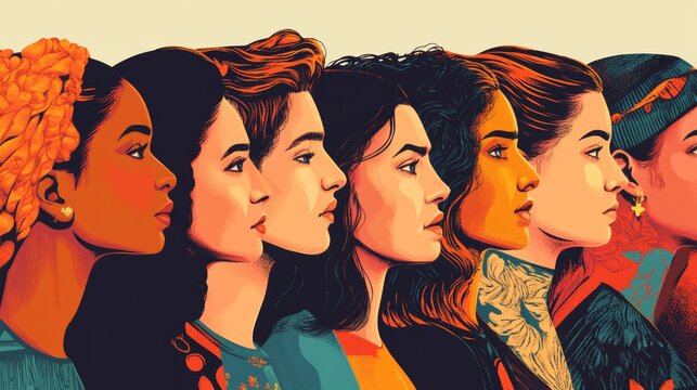 Eight Women with Diverse Hairstyles and Attire in Warm Tones and Stylish Representation