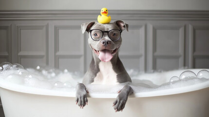 Smiling dog  blue staffy, fluffy grey dog sitting in a bathtub cleaning itself, funny, relaxing