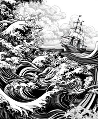 A detailed illustration of turbulent waves and a sailing ship amidst a stormy sea.