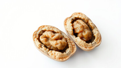 Close-up of Two Opened Walnuts on White Background