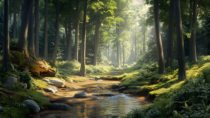 Obraz premium A serene forest with a small stream