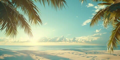 Obraz premium Tranquil Tropical Landscape White Sand Sunshine Sea Sky and Palm Trees