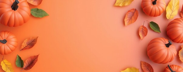 Obraz premium Autumn-themed background featuring vibrant pumpkins and colorful leaves on an orange backdrop.