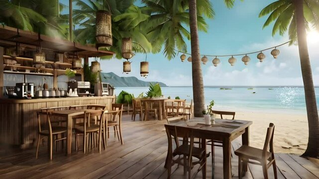 A aesthetic cafe with wooden decoration and flooring on the seaside during the day with flower and coconut tree decorations. Seamless 4K looping timelapse video animation background