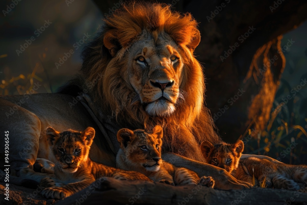 Poster a group of lions relaxing and resting together in a natural setting