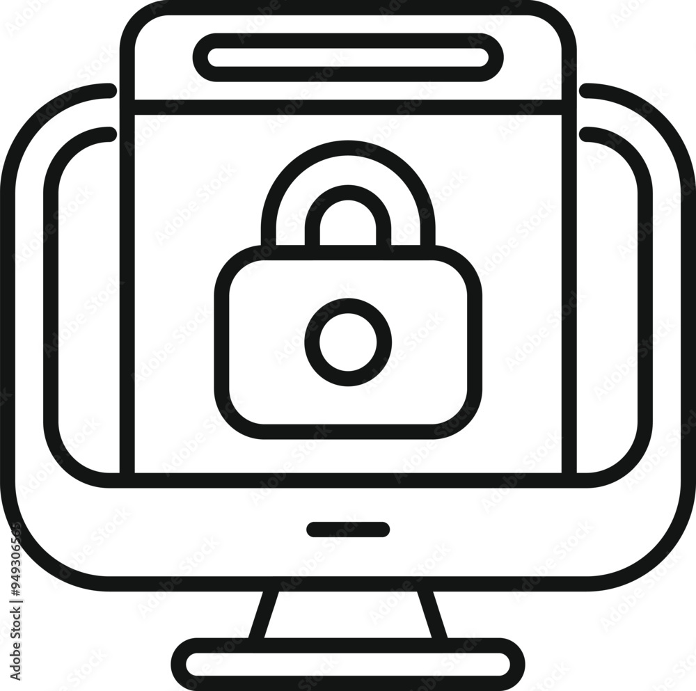 Poster minimalist outline icon of a computer security system with a lock displayed on the screen, represent