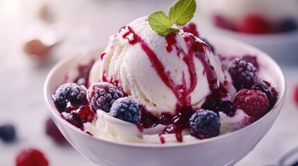 Delicious vanilla ice cream topped with fresh berries and a drizzle of berry sauce in a white bowl, perfect for a summer dessert.