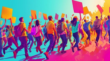 Crowd Marching with Blank Protest Signs