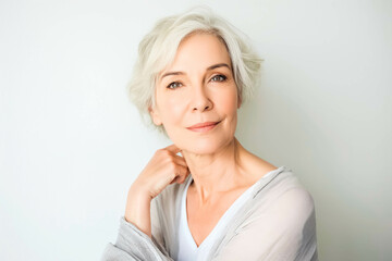 Fototapeta premium beautiful 50s mid aged mature woman isolated on white background. skin care beauty, skincare cosmetics concept