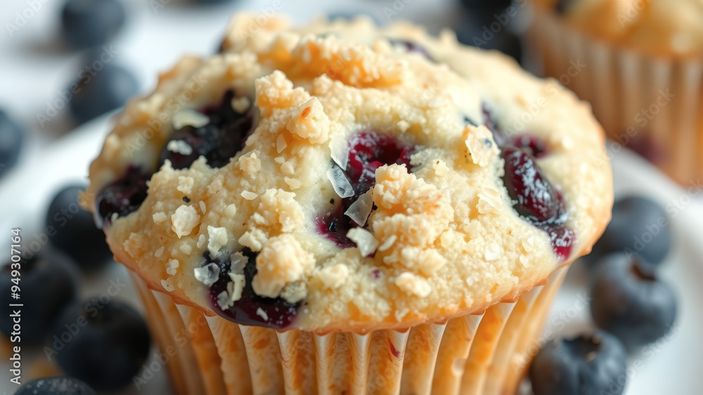 Wall mural Closeup of a blueberry muffin with streusel topping