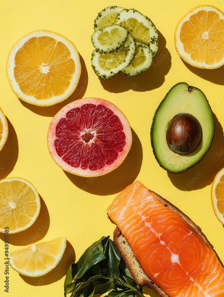 Poster A colorful breakfast spread features avocado toast topped with salmon alongside vibrant slices of citrus on a sunny yellow backdrop. Generative AI