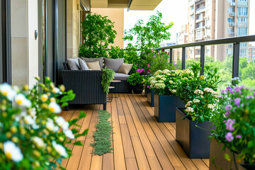 Fototapeta premium Beautiful of modern terrace with wood deck flooring, green potted flowers plants and outdoors furniture. Cozy relaxing area at home back yard. Sunny stylish balcony terrace in the city
