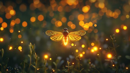 A firefly glows in the grass.