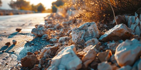A small rock and gravel landslide partially crosses a sidewalk stopping short of the road