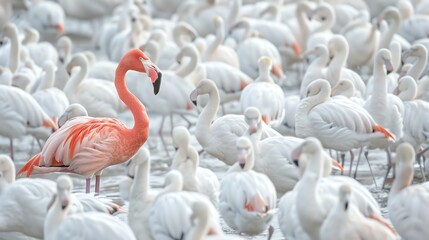 Fototapeta premium A pink flamingo stands out amongst a flock of white flamingos.
