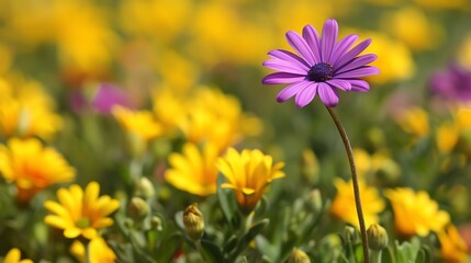Fototapeta premium A single purple flower stands out in a field of yellow flowers.