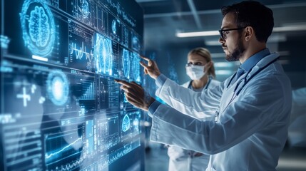 Doctors analyzing futuristic medical data on a digital screen in a high-tech healthcare environment, showcasing modern medical technology.