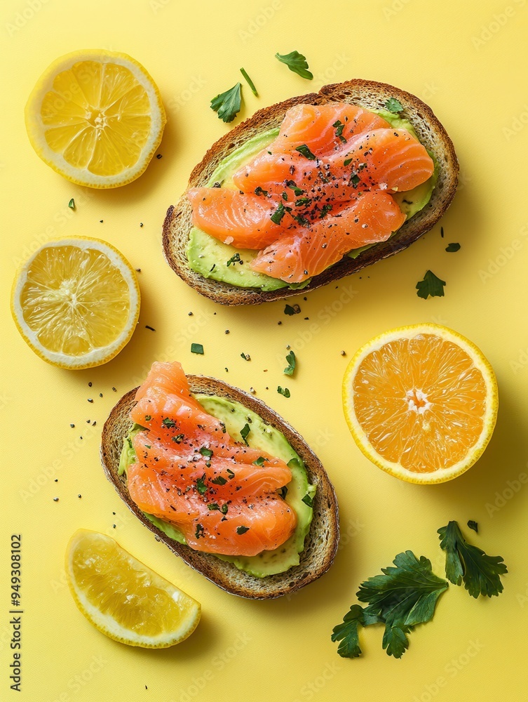 Poster a delicious breakfast features avocado toast layered with salmon alongside fresh lemon and orange sl