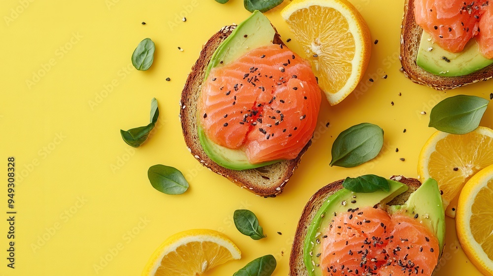 Poster a delicious breakfast spread showcasing avocado toast topped with salmon and fresh citrus slices, se