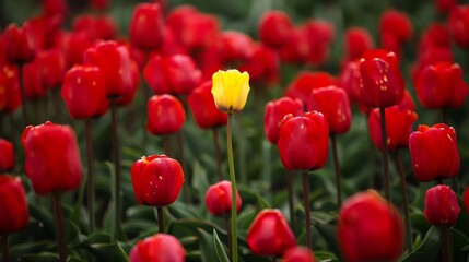 Fototapeta premium A single yellow tulip stands out among a field of red tulips.