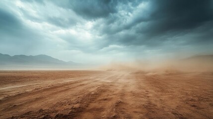 Fototapeta premium Dramatic landscape depicting a dusty terrain under ominous storm clouds, capturing the essence of nature's raw power.