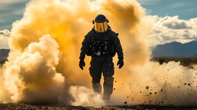EOD Technician Conducting Controlled Detonation in Remote Area with Protective Gear
