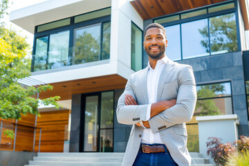 Confident African American man real estate agent stands proudly outside a modern home, radiating expertise and approachability, ready to assist potential house buyers