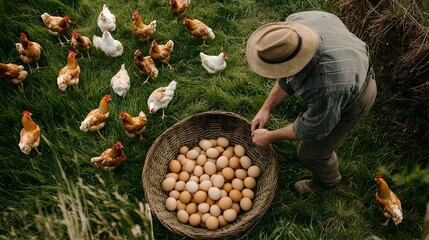 Farmer Harvesting Fresh Eggs from Free Range Hens in Grassy Outdoor Area