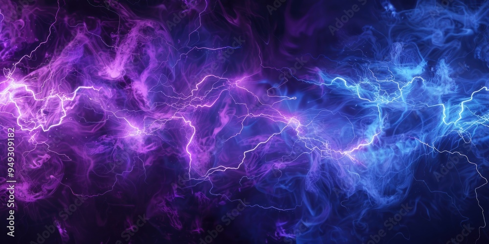 Poster purple and blue lightning streaks on a black background, ideal for use in science and technology vis