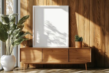 Poster Frame Mockup on Wooden Interior Background created with Generative AI
