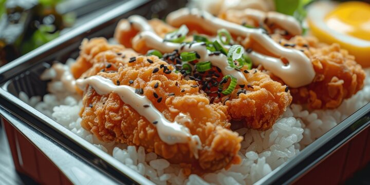 Fried chicken nanban bento served with tartar sauce over warm rice
