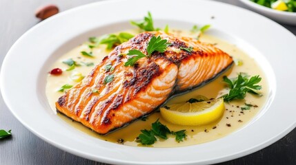 Grilled salmon with lemon and herbs on a white plate, served with a rich sauce. A delicious and healthy seafood dish.