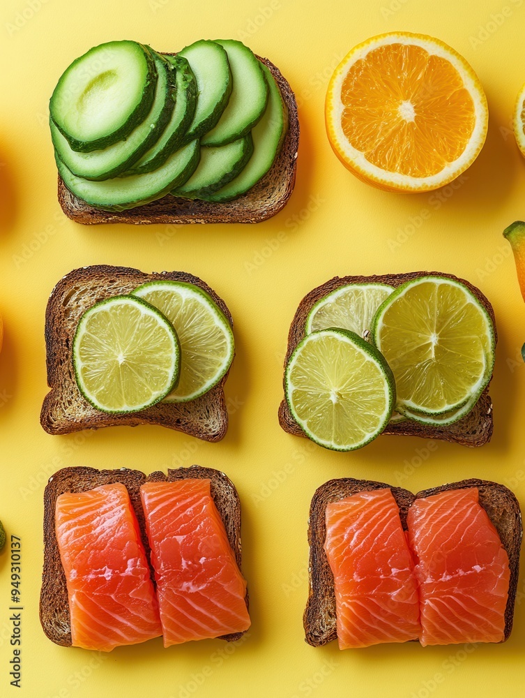 Poster A healthy breakfast features avocado toast topped with cucumber, slices of salmon, and an assortment of fresh citrus on a sunny backdrop. Generative AI