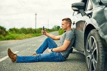 Road, man and car breakdown on smartphone with internet connection for help or contact mechanic....