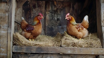 Free range Hens Laying Eggs in Natural Nesting Boxes on Rural Farm