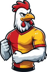 a chicken mascot with a clenched fist, with a yellow and red t-shirt 