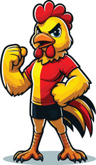 a chicken mascot with a clenched fist, with a yellow and red t-shirt 