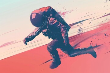 A person wearing a space suit is skateboarding on a futuristic or sci-fi themed background
